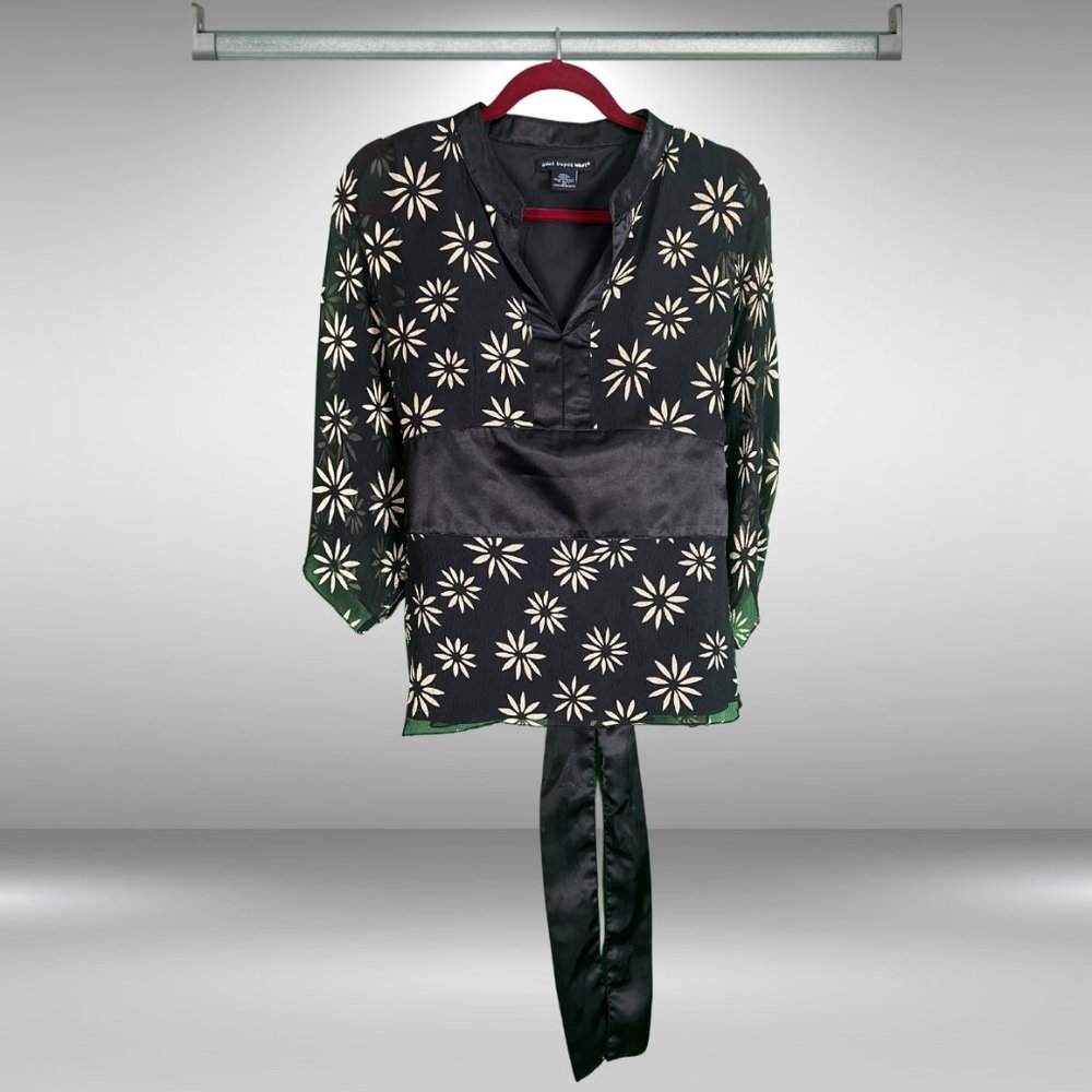 St Tropez West Black and Tan Flower Sheer Kimono Shirt w Satin Sash